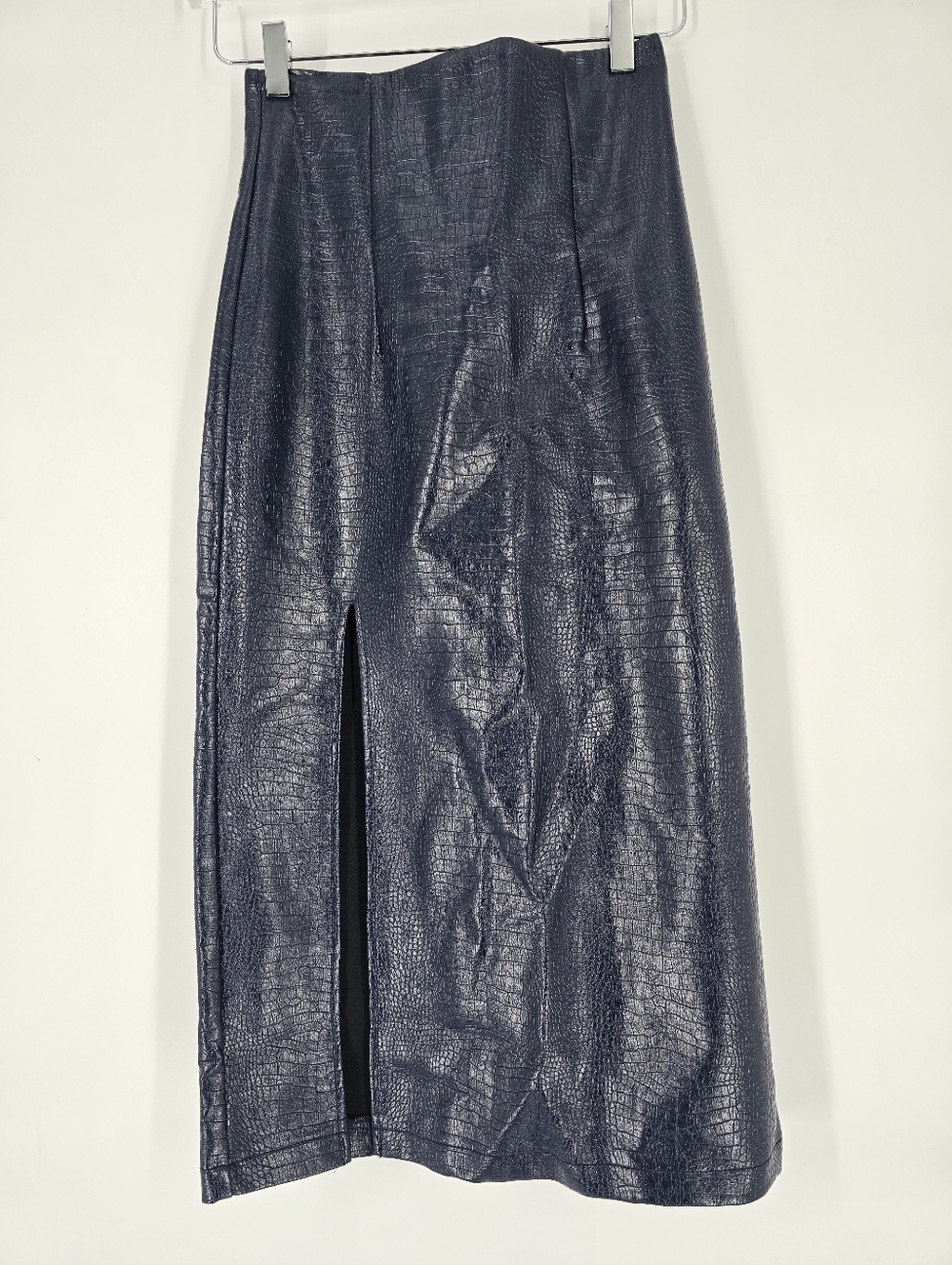 Topshop Croc Embossed Blue Faux Leather Midi Pencil Skirt High Slit Size 2 NEW
